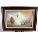 M. Powell, Oriental Magic _ Balloons, hand painted ceramic plaque, 30x18.5cm, framed