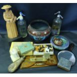 A Box of Oddments including cloisonné, carved treen figurine, phrenology head, etc.