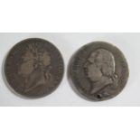 A George IV Silver Crown 1822 and one other drilled silver coin, 51.7g