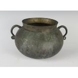 An Antique Asian Bronze Vessel with two scrolling handles, 15.5(h) x 25.5(w) cm
