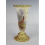 A Royal Worcester Pheasant Decorated Vase, signed JAS Stinton, 1908 model 706, 16 cm