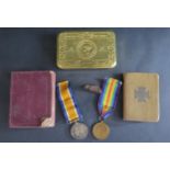 A WWI Two Medal Group awarded to 45440 PTE. G. NOON. H.L.I., a Christmas 1914 tin with piece of
