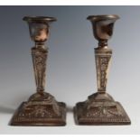 A Pair of Edward VII Loaded Silver Candlesticks with harebell swag decoration, 14.5cm, Henry