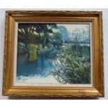 Alan Cotton b.1938, Landscape Painter, River Otter _ Blue & Lilac Landscape, oil on canvas. Titled