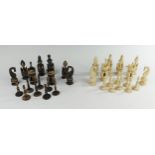 A 19th Century Indian Carved and Stained Bone Chess Set, kings 98 mm, pawns 58 mm