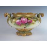 A Royal Worcester Rose Decorated Bowl with twin scrolling acanthus handles, signed A. Lane, 1912
