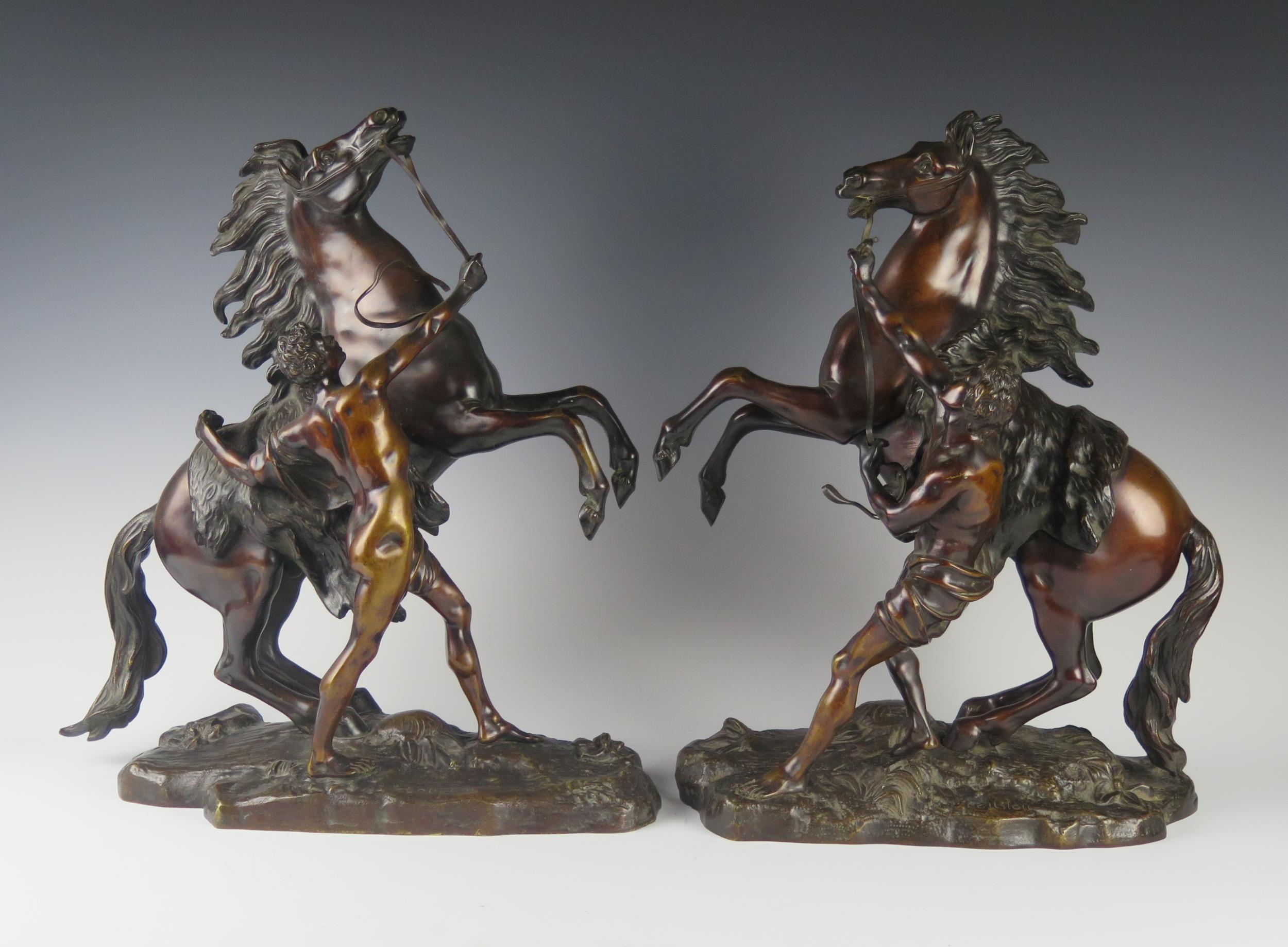 A Pair of French Bronze Marly Horses, bases signed Coustou, 45 cm high, bases 33.5 cm - Image 3 of 3