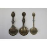 Three 19th Century Tibetan White Metal Medicine Spoons with turquoise inlay, longest 92 mm