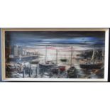 Peter Jones 1963, Harbour Scene, oil on board, framed, 110 x 54 cm (inc. frame)