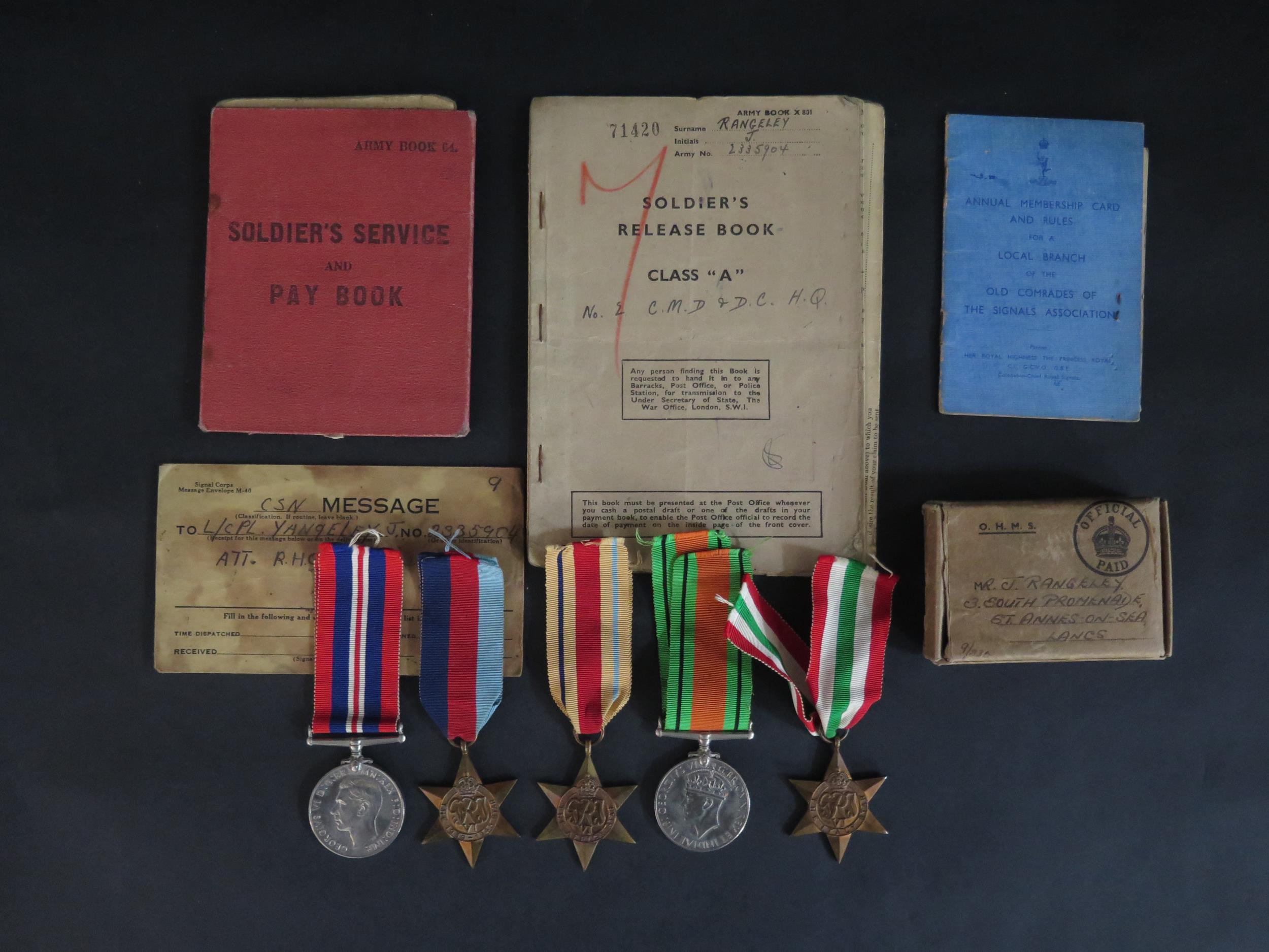 A WWII Five Medal Group including War Medal, Defence Medal, 1939-45 Star, Africa Star and Italy Star