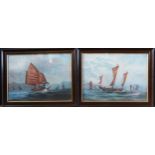 A Pair of Chinese Paintings of Junks, gouache on canvas, framed & glazed, 66.5 x 51 cm
