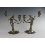 A Pair of WMF Art Nouveau Figural Twin Light Pewter Candelabra modelled as maidens in diaphanous
