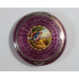 A Pretty Silver and Purple Guilloché Enamel Compact decorated with amours and with a gilt
