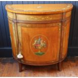 An Edwardian Painted Satinwood Demi Lune Cabinet decorated with flowers, 84(w) x 42(d) x 84(h) cm