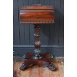 A William IV Rosewood Teapoy raised on a single column with quadruped lion paw feet, 44(w) x 37(d) x
