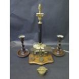 A Decorative Column Table Lamp, Postage Scales & A Pair Of Wooden Barley Twisted Candlesticks.