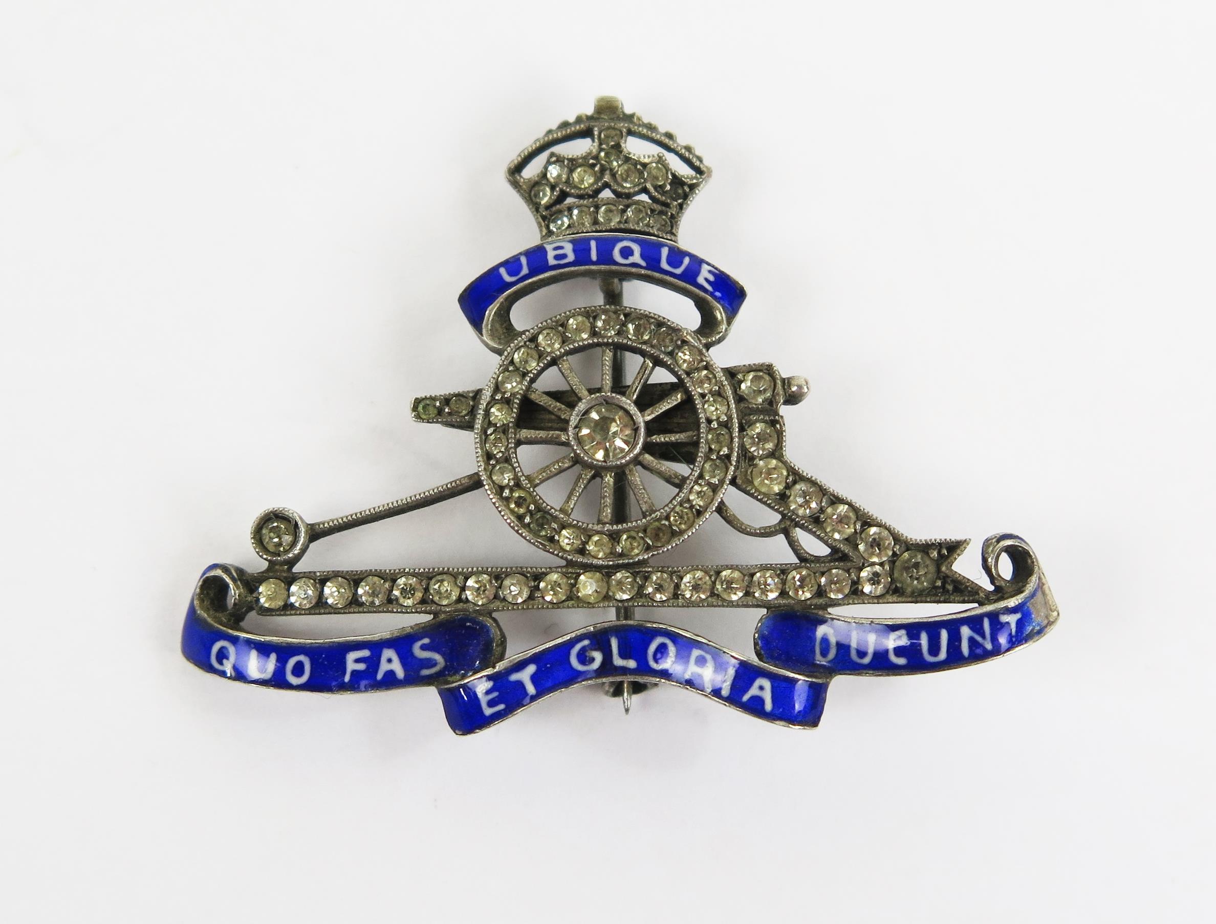 A Royal Engineers Unmarked Silver, Enamel and Paste Brooch bearing the motto Ubique Quo Fas Et