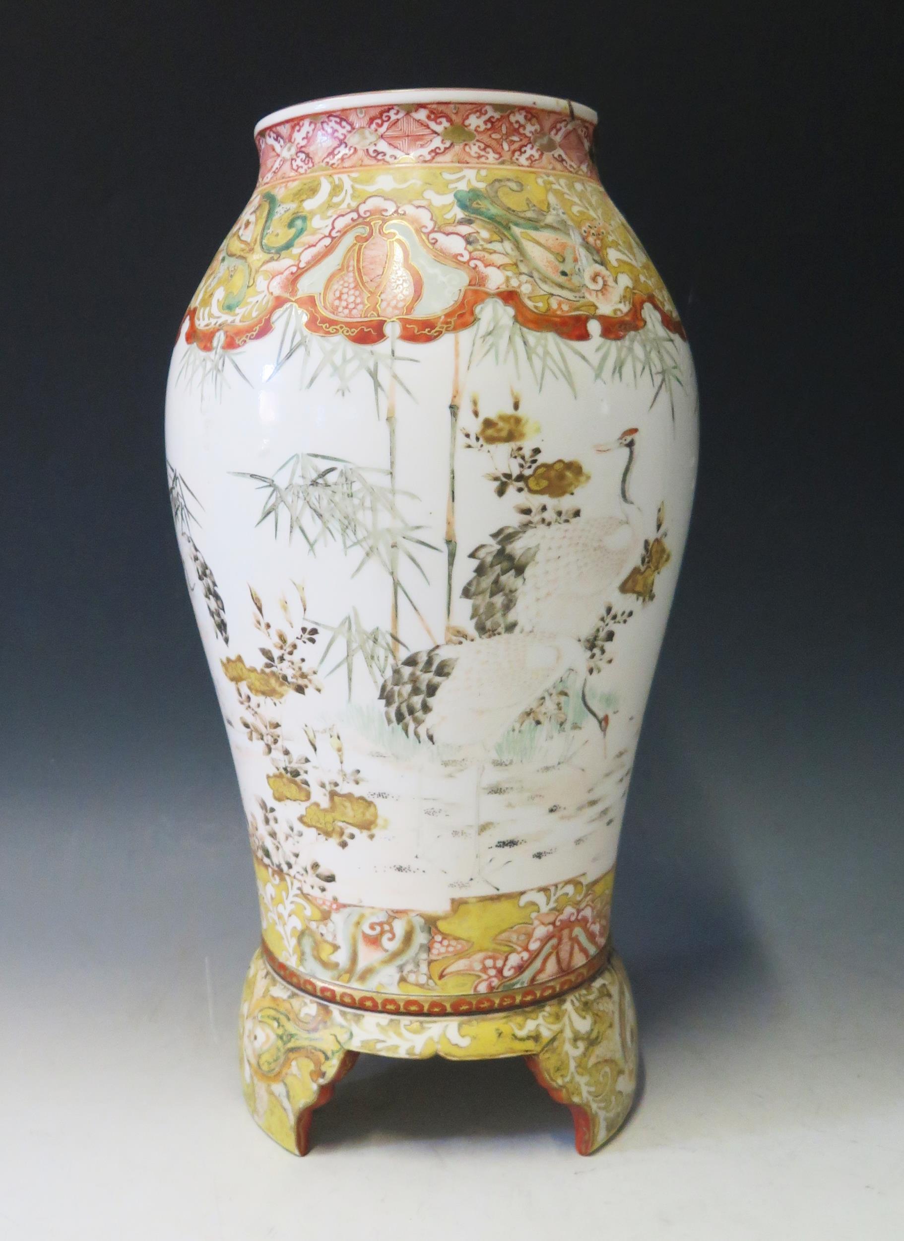 A 19th Century Japanese Vase on Stand, decorated with storks, marks to base of vase, 38.5cm. A/F