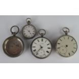 Three Silver Fob Watches and one silver case. A/F