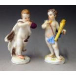 A Pair of Meissen Porcelain 'Four Seasons' Cherubs _ Winter skater and Summer harvest, 13cm, crossed