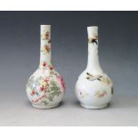 A Pair of Antique Japanese Porcelain Pinch Neck Vases with foliate and bird decoration, marks to