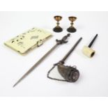 A Faux Ivory Celluloid and Inlaid Aide Memoir, silver pipe, Mont St. Michel sword penkife and a pair