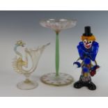 A Painted Glass Lily Patterned Stemmed Dish (27cm), Venetian glass clown and one other damaged piece