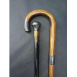 Silver Topped Walking Cane & A Walking Stick With Silver Band.