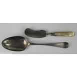 A George II Shell Back Spoon (20cm, maker RH, other marks rubbed, 43g)and butter knife (Birmingham