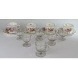 Three Royal Crown Derby 'Derby Posies Tea Cups and Saucers, one other RDC saucer, custard glasses,