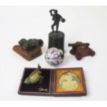 A Small Bronze Figure of a Dancing Male (11.5cm), two small model canons, decorative porcelain bowl,