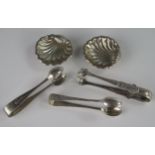 A Pair of Continental Silver Scallop Shaped Silver Salts and three sterling silver sugar tongs, 80g