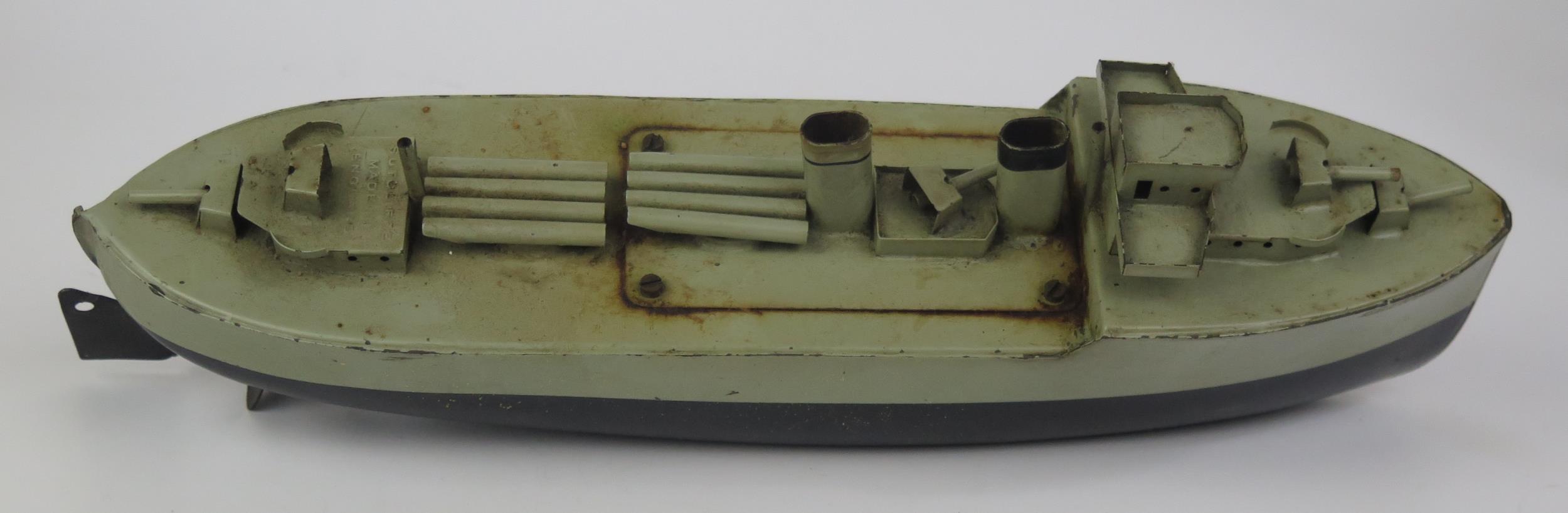 A Sutcliffe "Grenville" Destroyer Model Tin Plate Ship with handmade wooden dock - Image 2 of 3