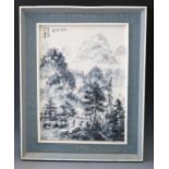 A Chinese Republican Period Painting, wooded mountainous scene with bridge and travellers to the
