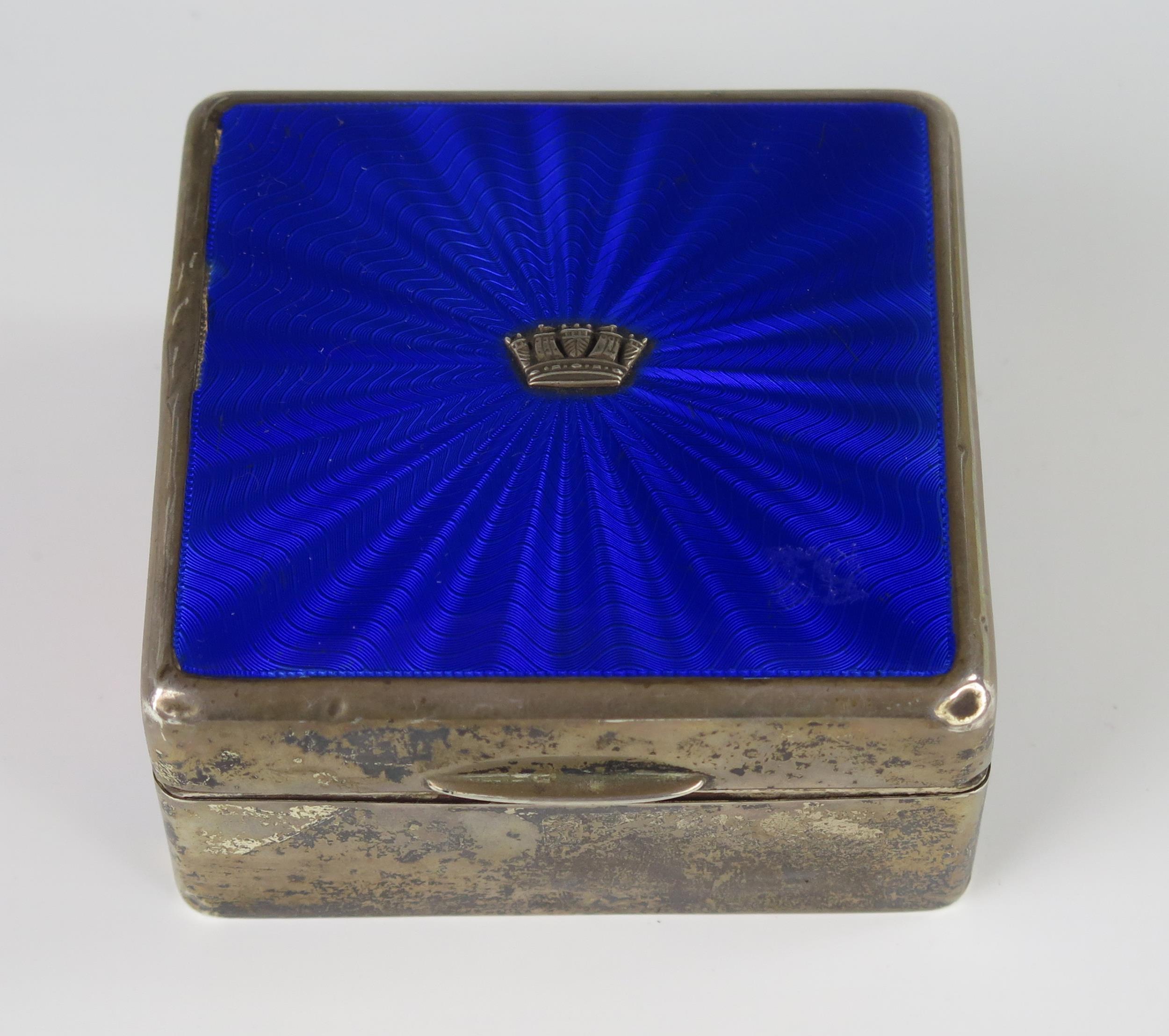 An Unassayed Silver and Blue Guilloché Enamel Box, base engraved Gieves Ltd. 21 Old Bond St., 9(w) x