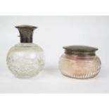 A Birmingha Silver and Tortoishell Mounted Cut Glass Powder Pot and damaged silver mounted scent