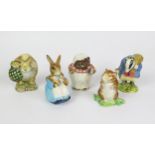 Five Beswick Beatrix Potter Figures: Tommy Brock, Mrs. Rabbit and Bunnies, Timmy Willie, Mr.