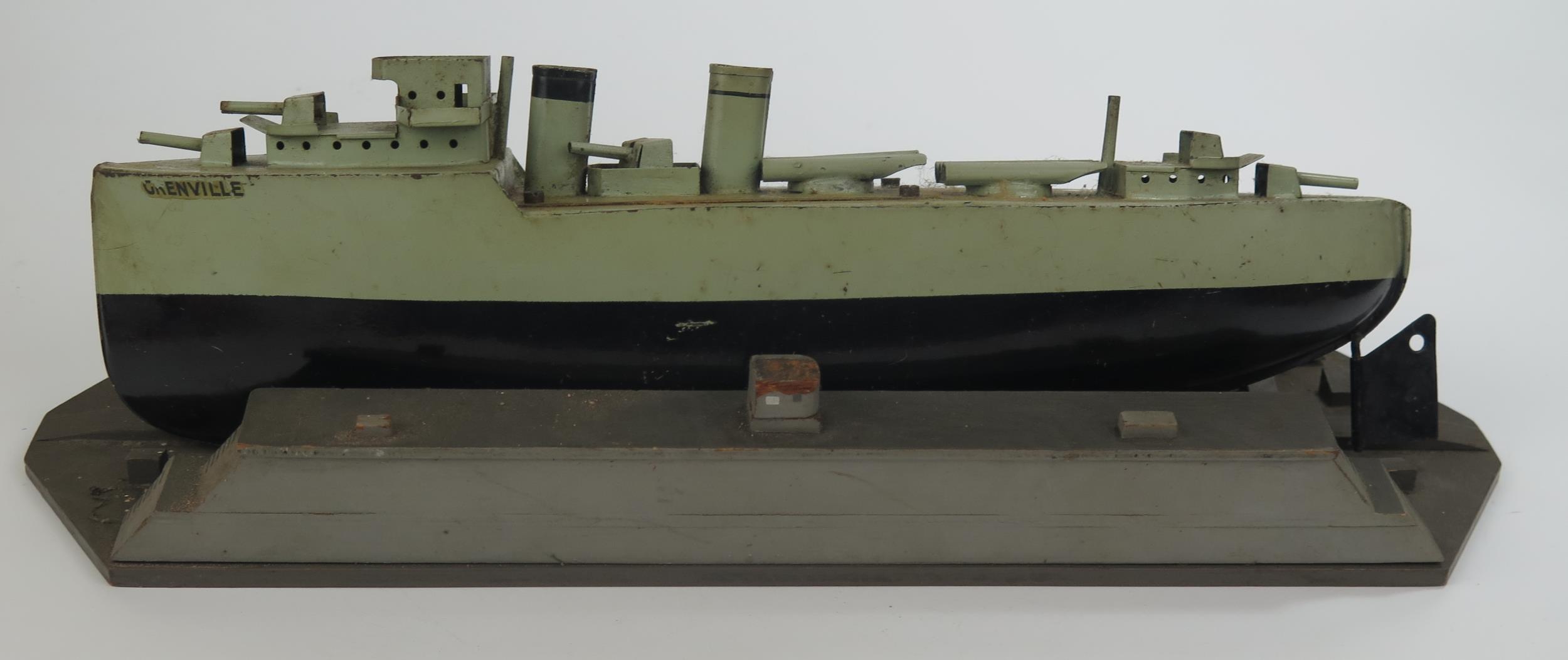 A Sutcliffe "Grenville" Destroyer Model Tin Plate Ship with handmade wooden dock