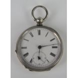 A Silver Cased Open Dial Key Wound Fob Watch, marked fine silver. running