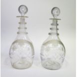 A Pair of Georgian Glass Masonic Decanters engraved with typical motifs and with lozenge shaped