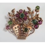 A 9ct Rose Gold, Pink and Green Sapphire Foliate Basket Brooch, 34mm high, 8.1g