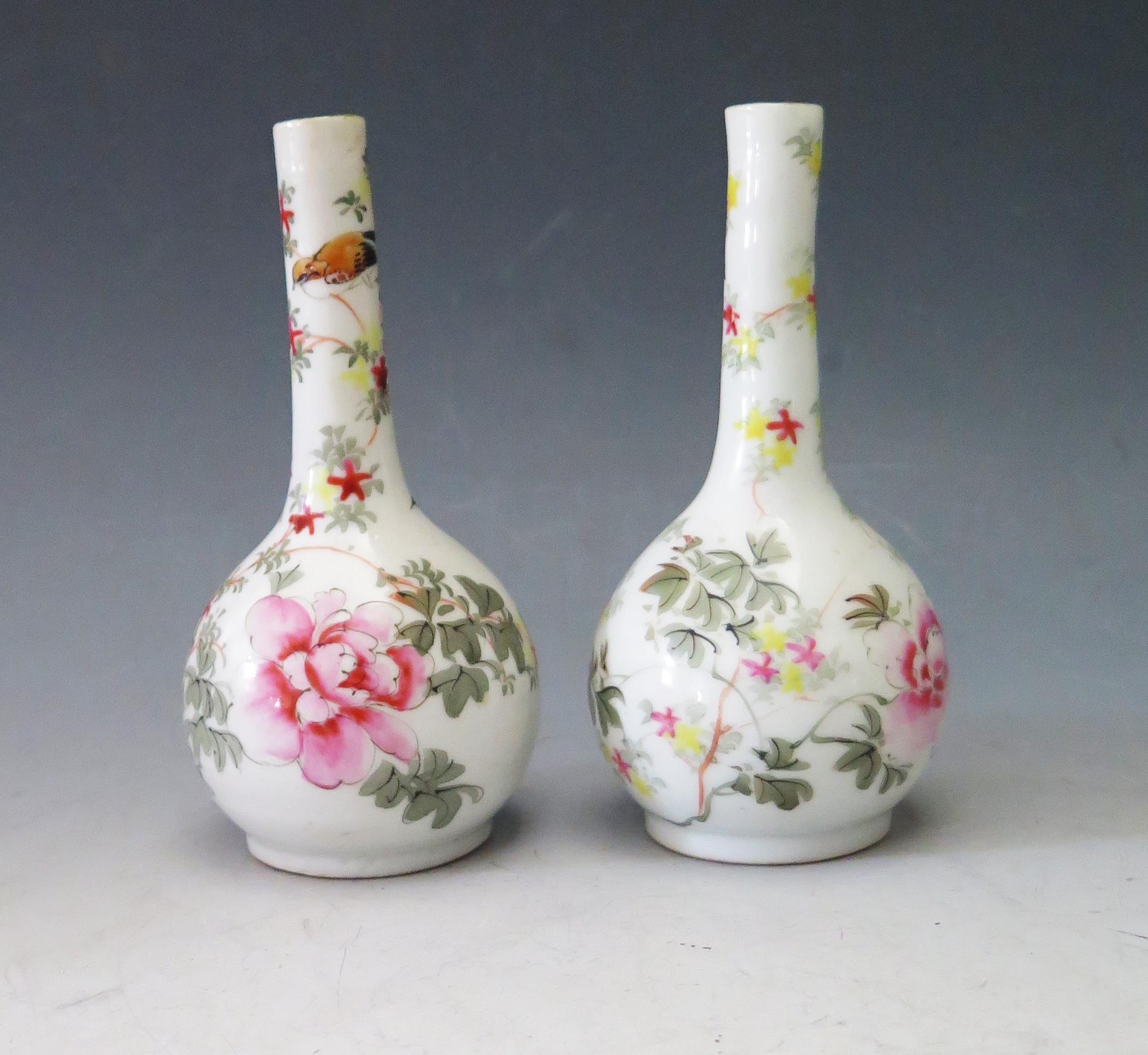 A Pair of Antique Japanese Porcelain Pinch Neck Vases with foliate and bird decoration, marks to - Image 2 of 2