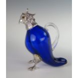 A Blue Glass And Electroplated Silver Bird Decanter, the hinged head with glass eyes, 16cm high