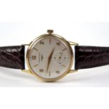 A LONGINES 9ct Gold Cased Wristwatch with sub-seconds dial, 17 jewel movement no. 9472525 12.68Z.