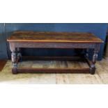 An Antique Refectory Table with foliate carved blind fret frieze and later top, 180(w) x 72 (d) x
