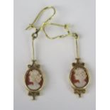 A Pair of 9ct Gold Shell Cameo Pendant Earrings, 45mm drop, 2.5g