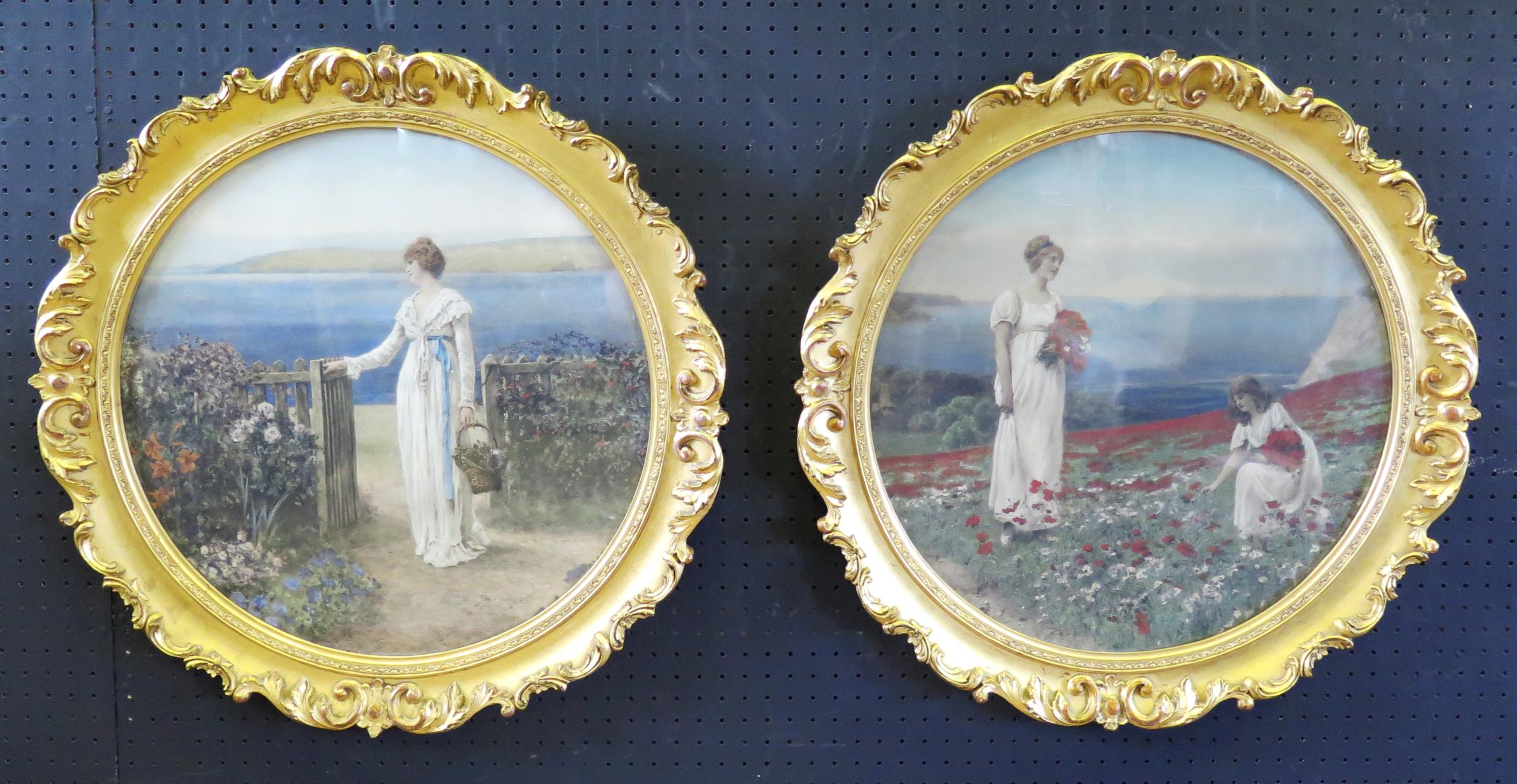 A Pair of Romantic Prints, gilt glazed frames, 56cm diam.