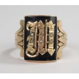 An American Gold Miner's Ring, the onyx top mounted with a gold 'W' initial with rose cut