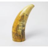 An Early 19th Century Scrimshaw Whale Tooth decorated naval twin mast ship and lighthouse, 11.5cm