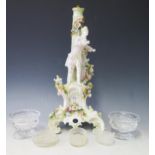 A Continental Porcelain Figural Lamp Base, unmarked, 36cm tall, pair of cut crystal salts, etc.